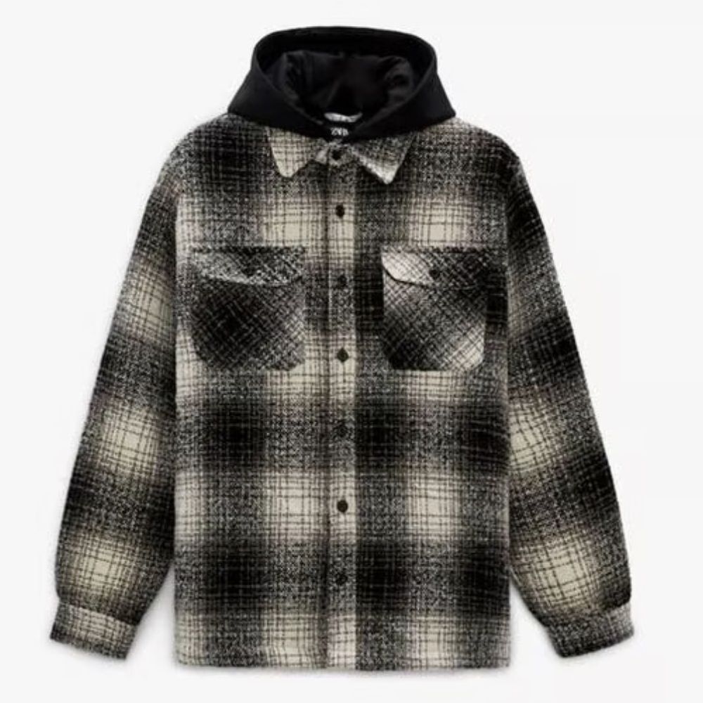 Zara Monochrome Checkered Jacket with Hood, Medium